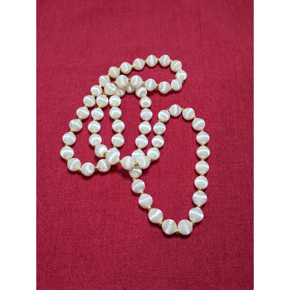 Satin Covered Beaded Necklace White W/ Gold‎ Tone Beads Vintage 15"
